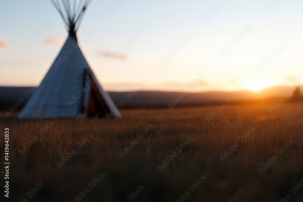Aufkleber a tranquil landscape featuring a structure in a field bathed in warm sunset light. the scene capture