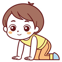 Crawling Asian Toddler with Brown Hair and Outline Style