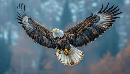 Obraz premium Eagle Soaring High Above a Rugged Landscape in Majestic Flight