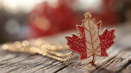 Glowing maple leaf pendant on rustic wood, warm sunlight and soft bokeh, embodying Canadian pride and serenity.