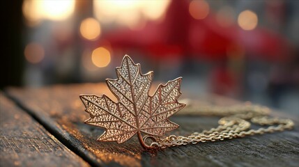 Glowing maple leaf pendant on rustic wood, warm sunlight and soft bokeh, embodying Canadian pride and serenity.