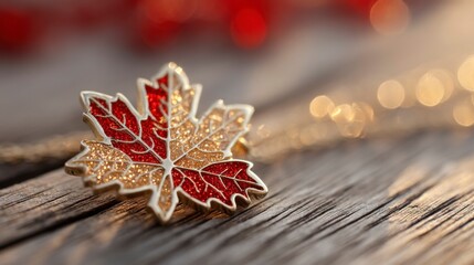 Glowing maple leaf pendant on rustic wood, warm sunlight and soft bokeh, embodying Canadian pride and serenity.