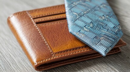 A classic leather wallet with blue tie detail on rustic wood, celebrating Father's Day with timeless craftsmanship and warmth.