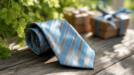 A classic blue necktie with silver stripes on a wooden table, evoking warmth and love for Father's Day.