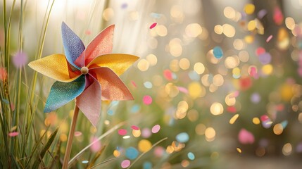 A rainbow pinwheel spins in a sunlit field with floating confetti, celebrating joy and childhood wonder on International Children's Day.
