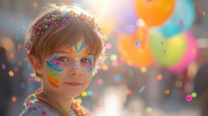 A joyful child with colorful face paint and rainbow balloons, celebrating the happiness of International Children's Day