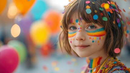 A joyful child with colorful face paint and rainbow balloons, celebrating the happiness of International Children's Day