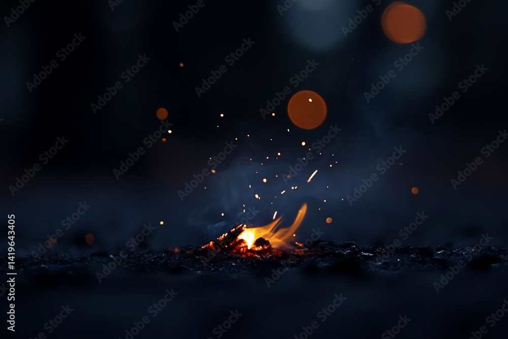 Poster Close up view of fire sparks and smoke on the ground with bokeh lights in background. Dark, gritty and abstract representation of destruction