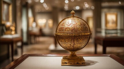 Ancient golden globe on velvet stand, evoking cultural heritage and exploration.