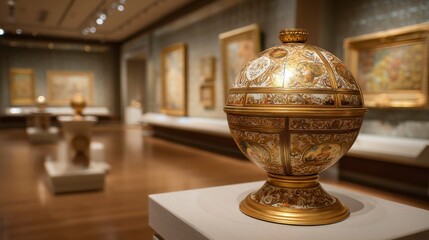Ancient golden globe on velvet stand, evoking cultural heritage and exploration.