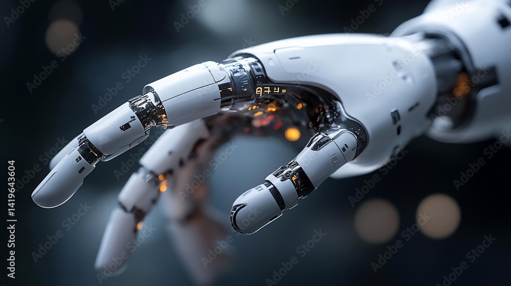 Aufkleber close-up of a mechanical robotic hand reaching out against a blurred background. the hand is white w
