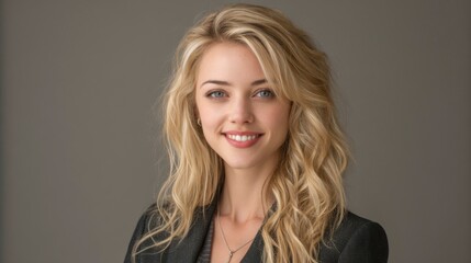 Confident professional woman smiling in office, embodying success and approachability in corporate setting.