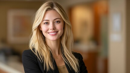 Confident professional woman smiling in office, embodying success and approachability in corporate setting.