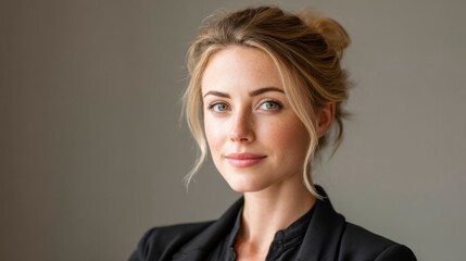 Confident professional woman smiling in office, embodying success and approachability in corporate setting.