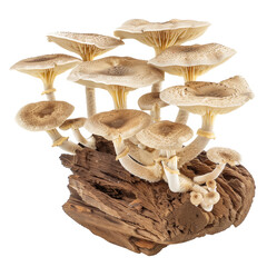A large group of mushrooms growing on a log