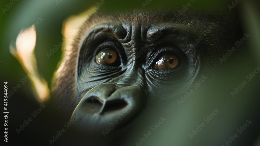Aufkleber close-up portrait of a primate with intense gaze through green foliage with selective focus. the pri