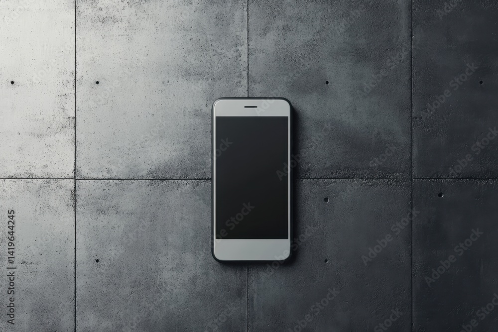 Poster a modern smartphone resting on a textured concrete surface in a minimalistic setting