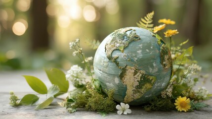 Handcrafted Earth globe embraced by leaves and wildflowers, symbolizing harmony with nature on World Environment Day.