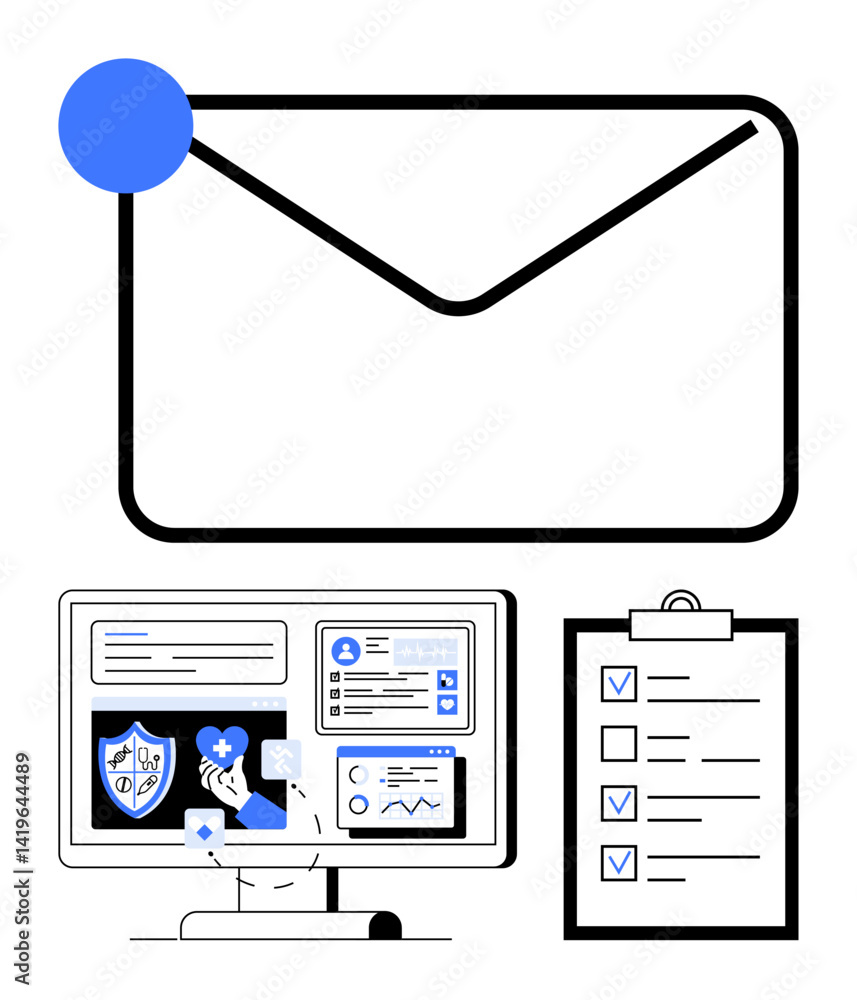 Poster email alert with notification bubble, computer monitor showing analytics, and checklist on clipboard