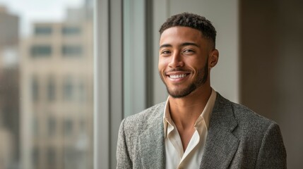 Young man smiling confidently in professional attire, conveying success and self-assurance in a modern workplace.