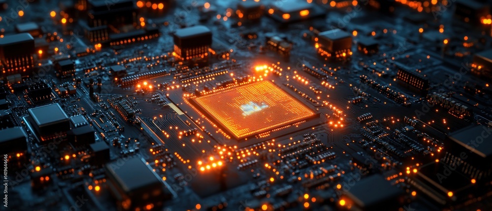 Aufkleber illuminated circuit board: a close-up of a microchip's glowing core