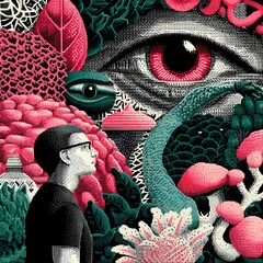 Abstract Visionary Realm: A contemplative individual is immersed in a surreal world, characterized by vibrant patterns, surreal eye imagery, and an overall dreamlike feel.
