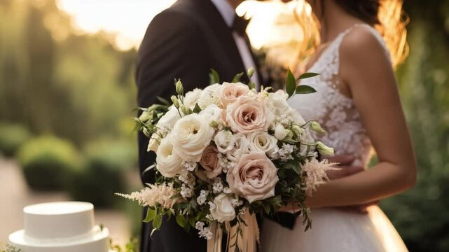 Eternal Bond: A tender moment shared by a newlywed couple, clutching a lush bouquet, while a tiered cake adds to the romance. Bathed in a soft glow, they celebrate a love that knows no bounds.