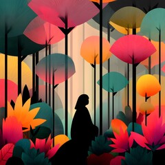 Serene Forest Retreat: A solitary figure sits peacefully amidst a vibrant, stylized forest, enveloped by colorful trees and foliage, creating a sense of tranquility and introspection. 