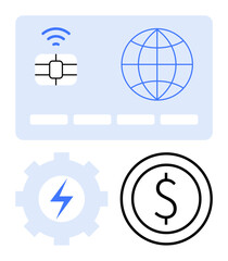 Blue contactless card with chip and globe icon, gear with lightning depicting technology, currency dollar sign. Ideal for finance, banking, payments, innovation, global trade, fintech simple landing