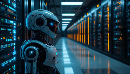 Futuristic humanoid robot standing in a server room surrounded by blinking lights and data racks, symbolizing AI and robotics