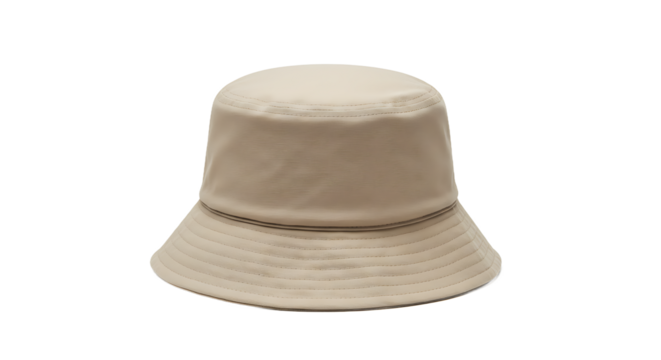 A simple beige bucket hat isolated against a black background in a studio setting for product shots