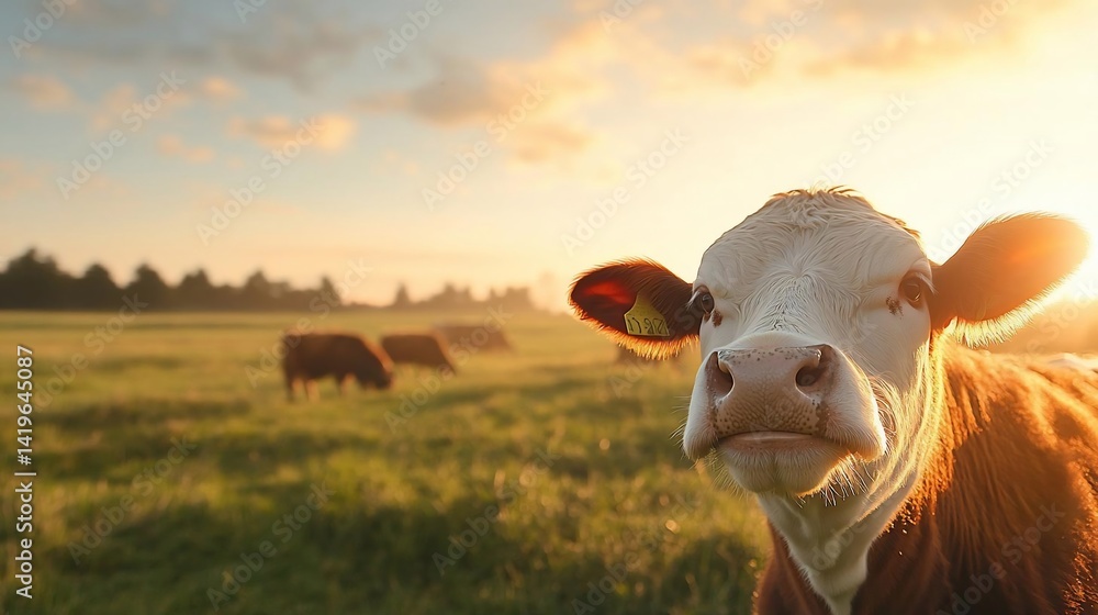 Aufkleber a close-up of a cow in a field at sunset with other cows in the background bathed in warm golden lig