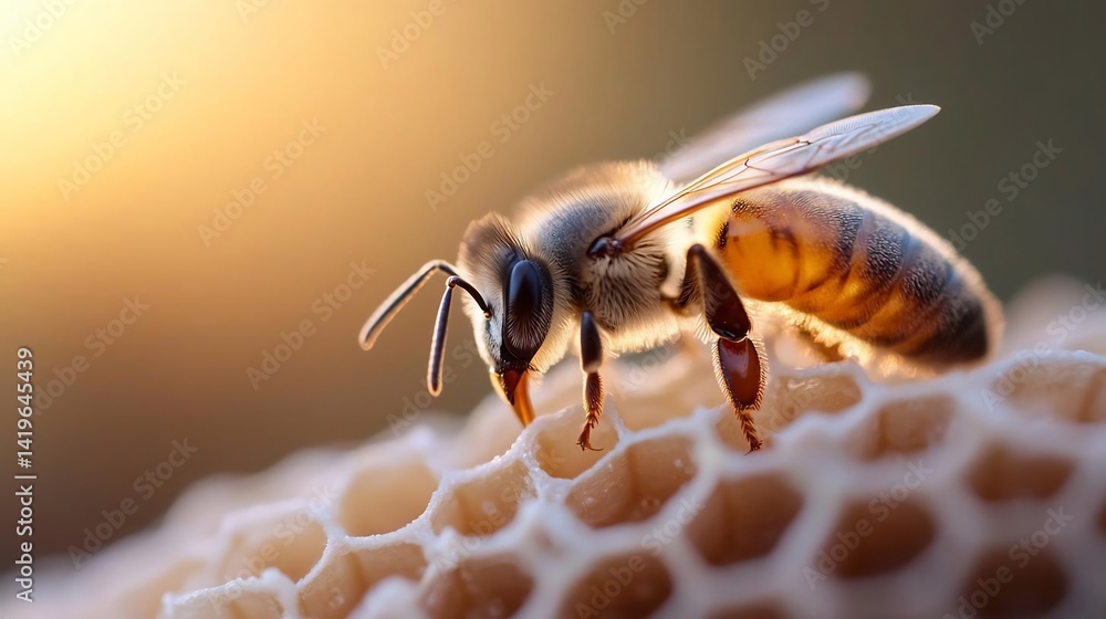 Aufkleber Close-up shot of a honey bee on a honeycomb bathed in warm sunlight. The bee is in sharp focus with detailed textures and the background is softly blurred