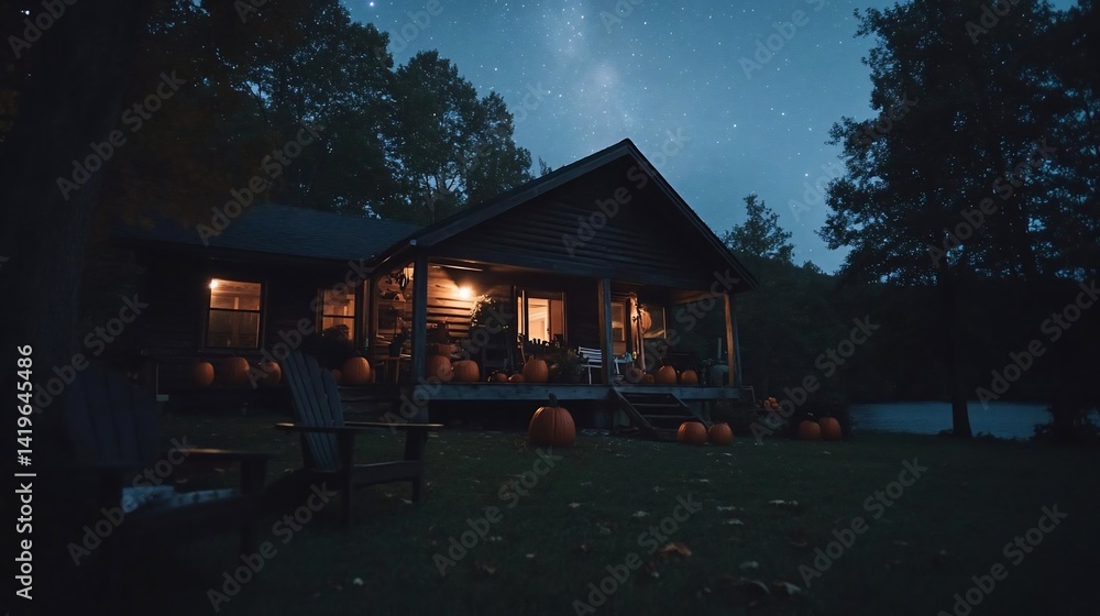 Poster a cozy cabin illuminated under a starry night sky with pumpkins scattered around. the warm lights of