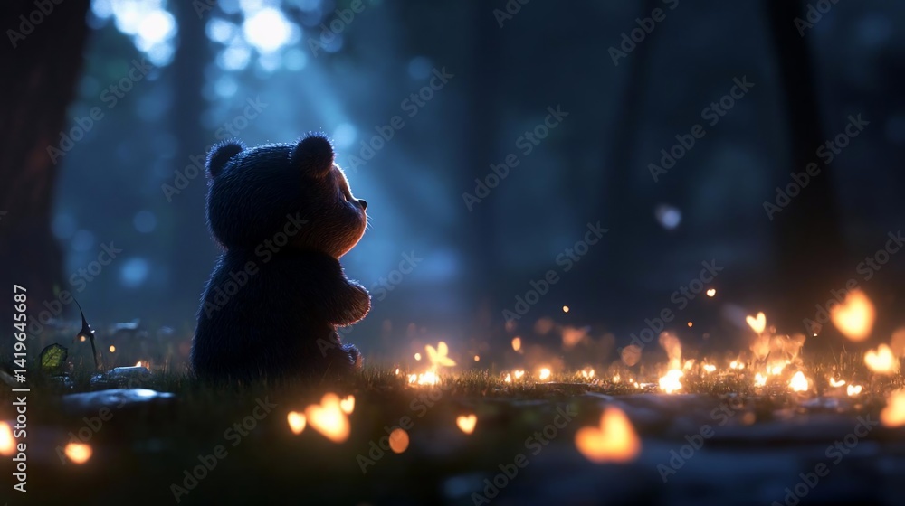 Poster a soft toy bear sits in a forest glade illuminated by light rays and glowing heart-shaped lights. th