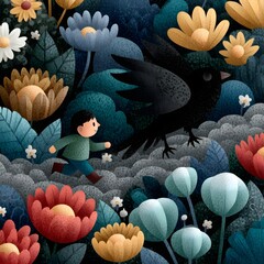 Whimsical Flight: A charming scene unfolds as a playful child chases after a large bird amid a vibrant, stylized floral landscape, a whimsical dance of joy and freedom.