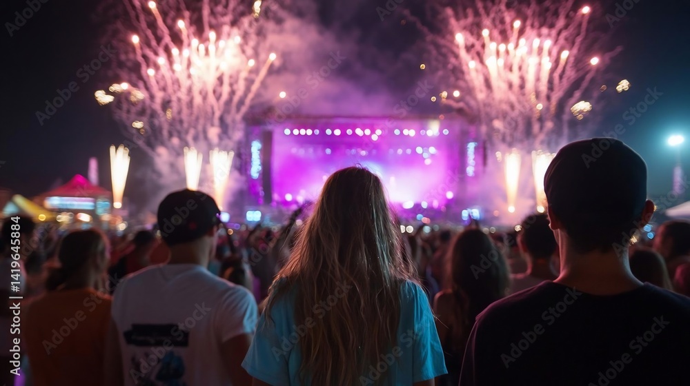 Aufkleber people watching fireworks and a stage at a night event. the scene is illuminated by vibrant pyrotech