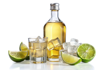 Refreshing Tequila Drink with Limes and Ice Cubes on a White Surface