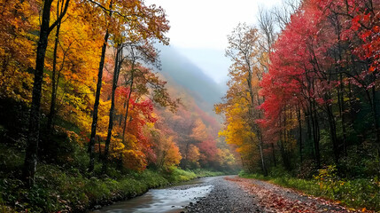 Obraz premium Autumn Forest Scene With Falling Snow