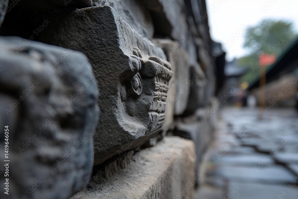 Leinwandbilder Close-up view of carved stone wall with intricate details blurred background reveals a path and buildings. Dim lighting and texture create a historical atmosphere