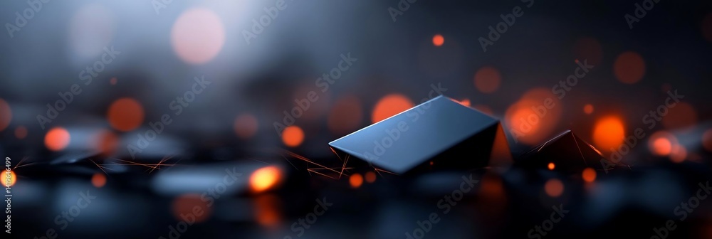 Aufkleber Abstract composition featuring a dark blue geometric shape with scattered fragments illuminated by fiery orange bokeh against a blurred background suggestive of digital data or technology