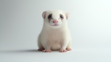 Cute white ferret kit sitting, studio shot, white background, pet portrait
