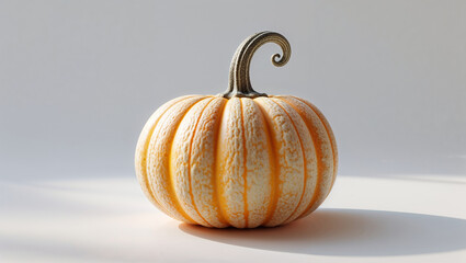 Elegant Orange And White Pumpkin With Curly Stem On White Background