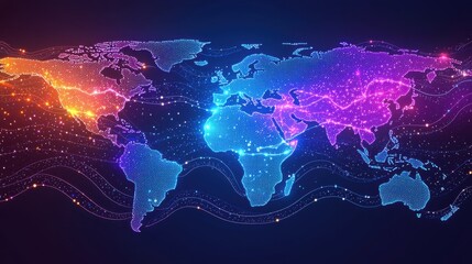 Colorful Digital World Map with Data Connections and Dots