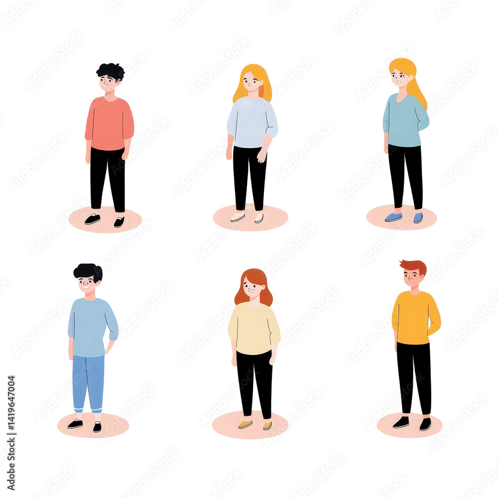 Poster Diverse Group of Cartoon Characters Standing with Simple Background
