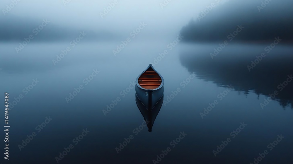 Poster a solitary watercraft floats serenely on a tranquil lake shrouded in mist with forested background. 