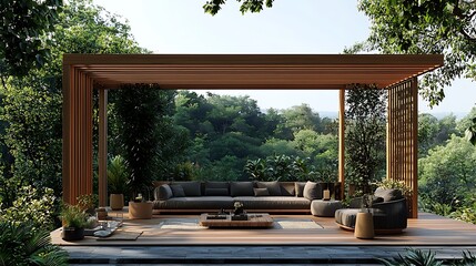 Fototapeta premium Modern Outdoor Living Space with Stylish Furniture and Lush Green Landscape Surrounding
