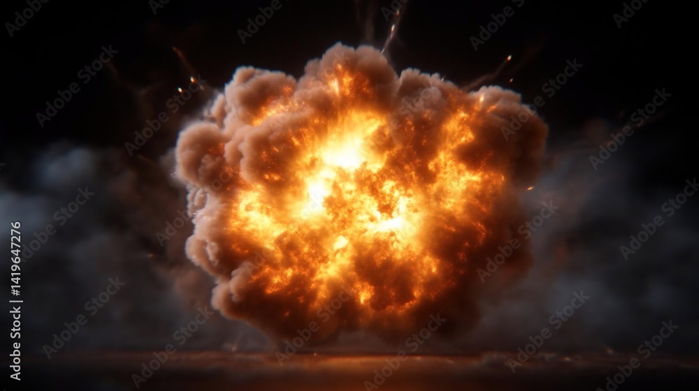Poster A powerful explosion visualized with vibrant orange flames dense smoke and scattered sparks against a dark backdrop creating a dynamic scene