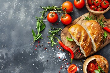 Overhead View Of Freshly Baked Bread And Tomato On A Wooden Board With Dark Background
