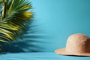Summer Background Concept, Palm Leaf Shadow on Blue Background
